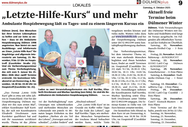 Hospizbewegung bietet einen Letzte Hilfe Kurs an